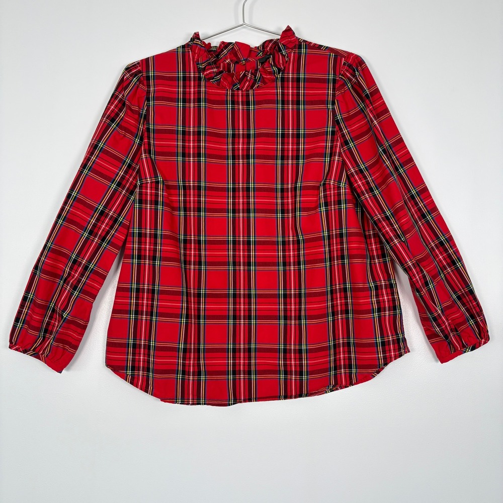 J.Crew Women Blouse XL Red Tartan Plaid Ruffle Neck 100% Cotton Top Holday Prep